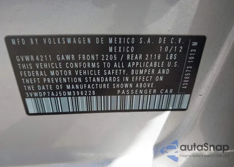 2013 Volkswagen Jetta 2.5L Se from USA, damaged, VIN 3VWDP7AJ5DM396228